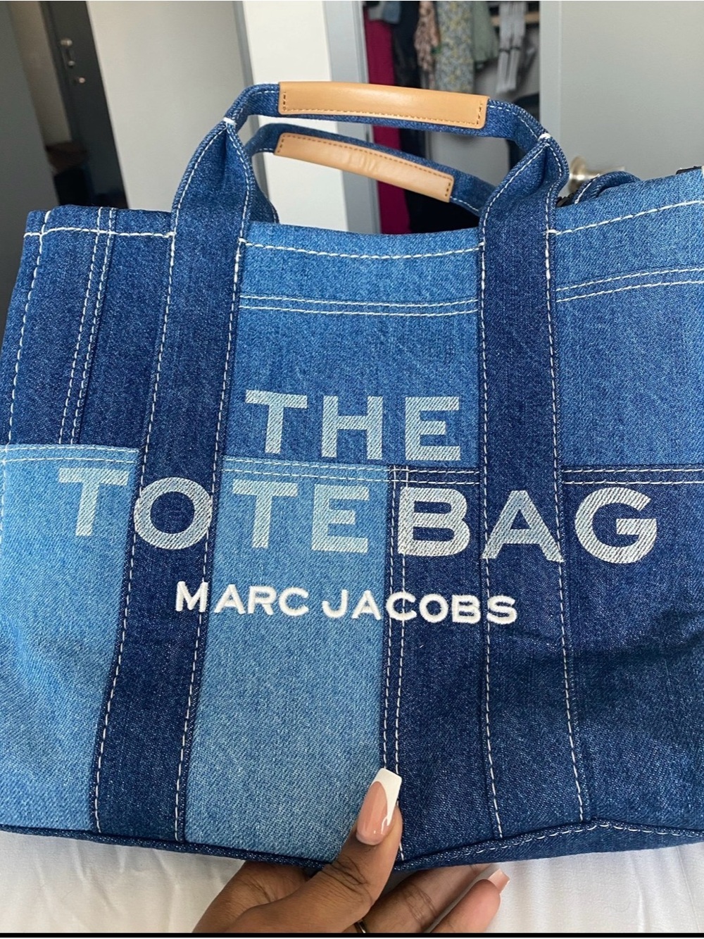 Marc Jacobs Patchwork Blue Denim Tote with Tan Handles